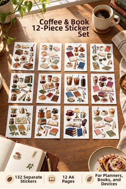 Coffee & Book Autumn Themed 12-Piece Sticker Set - Planner Agenda Phone Tablet Laptop Bullet Journal Sticker