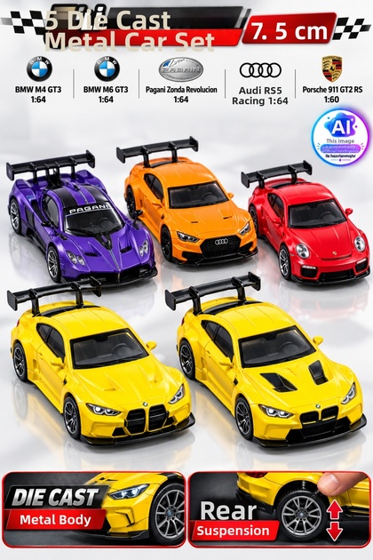 5-Piece Die Cast Metal Model Car Set 7.5 cm – Bmw M4 Gt3, Bmw M6 Gt3, Pagani Zonda, Audi Rs5, Porsche 911 Car Set with Rear Shock Absorbers