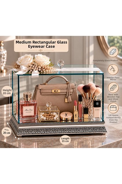 Glass Dowry Bundle Box 35X20X20 cm – Decorative Glass Display Box with Floral Ribbon