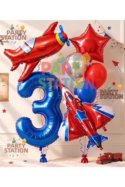 Airplane and Jet Pilot Concept 3-Year-Old Foil Balloon Set - 7 Piece F16 Foil Balloon & Airplane Foil Balloon Birthday Set