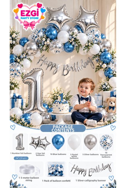 Blue Silver Age Birthday Concept Number Foil Balloon Balloon Decoration Set 1-9 Years Old Celebration Party Set Decoration