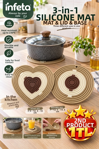 3 in 1 Silicone Trivet Mat Heart/Round 3 Sizes Detachable Heat Resistant 230 ° C