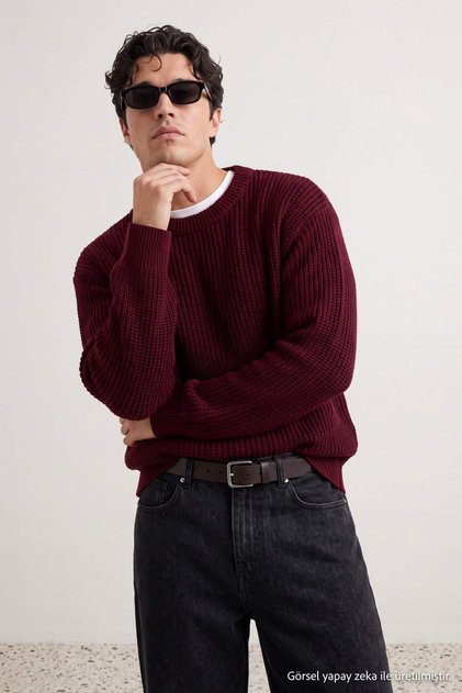 Bordo Oversize Bisiklet Yaka Düz Kazak TMNAW23KZ00189