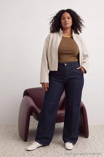 Koyu Mavi Dikiş Detaylı Yüksek Bel Ekstra Esnek Wide Leg Jeans TBBAW27CJ00033