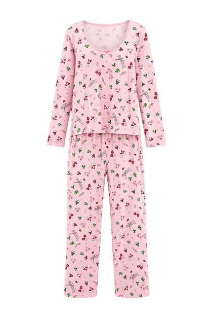Pembe Yılbaşı Desenli Beli Lastikli Büyük Beden Pijama Takımı TBBAW27AI00067
