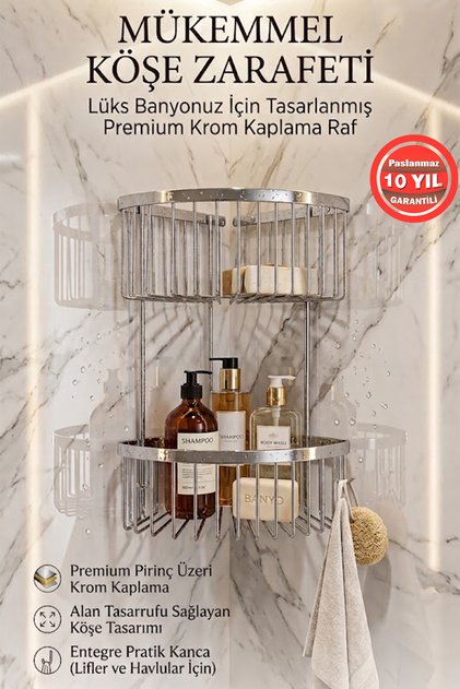 Krom Derin Şampuanlık Paslanmaz Pirinç 2'Li 19x19 cm Şampuanlık Banyo Rafı