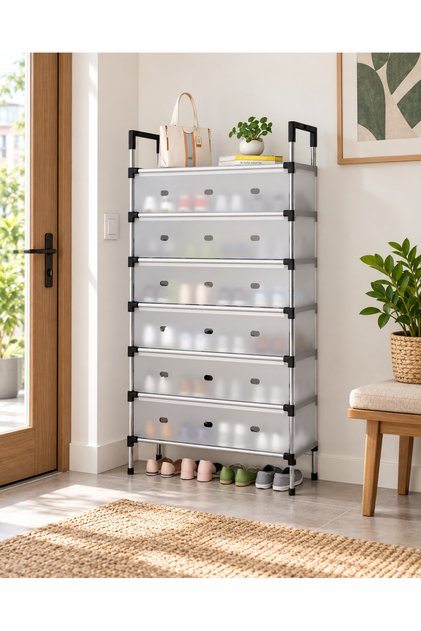Organizator modular pentru încălțăminte XJ6207, uși transparente, 44x32x127 cm, Alb