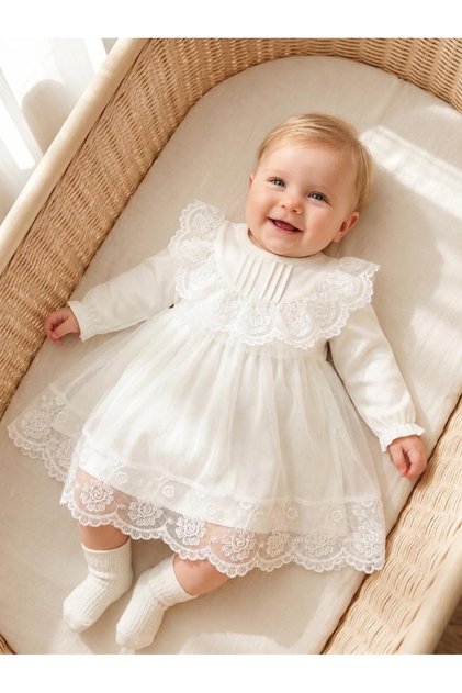 Baby Girl Mevlütlük Dress with Bandana and Lace, Newborn Hospital Release Wedding Dress Evening Dress 100% Cotton 4034