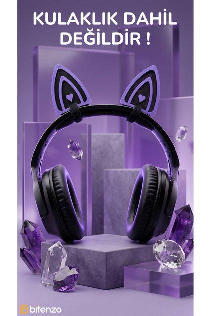 Kafa Üstü Kulaklıklar İçin Takılabilir Kedi Kulağı Aksesuarı - Kalp Detaylı Mor Gaming Kulaklık Süsü