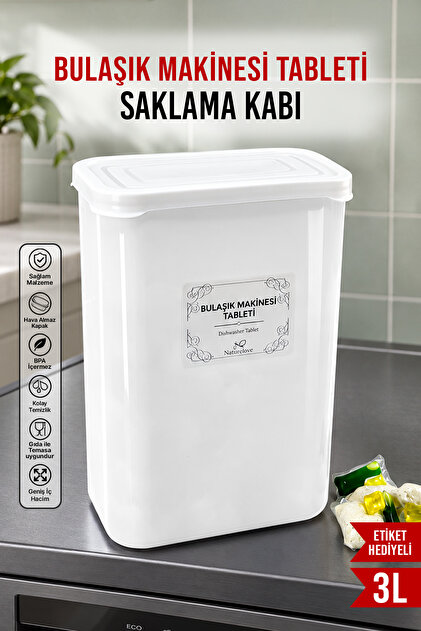 Beyaz Vakum Akrilik Bulaşık Makinesi Tablet Deterjan Saklama ve Düzenleyici 3 LT