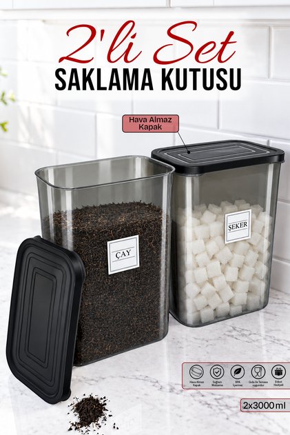 2'Li Vakumlu Kapaklı Çay Şeker Etiketli Saklama Kutusu Kavanozu 3000 ML