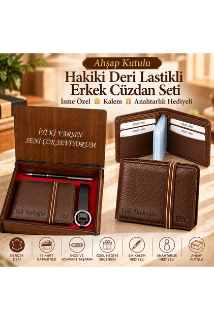 Ahşap Kutulu Hakiki Deri Lastikli Erkek Cüzdan Set Isme Özel Kalem Anahtarlık Hediyeli