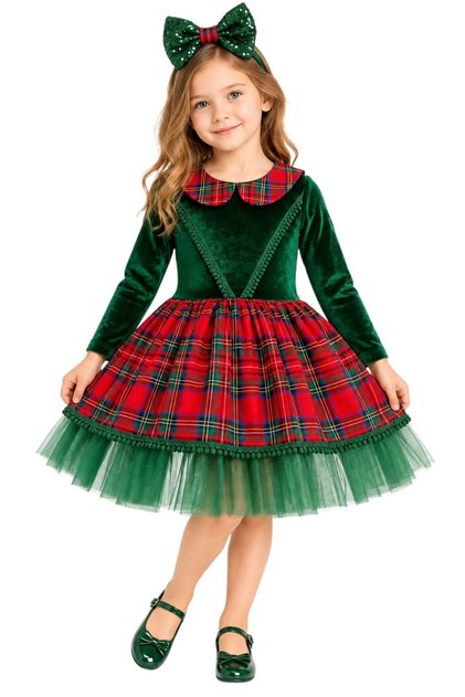Green Plaid Velvet New Year's Girl's Costume