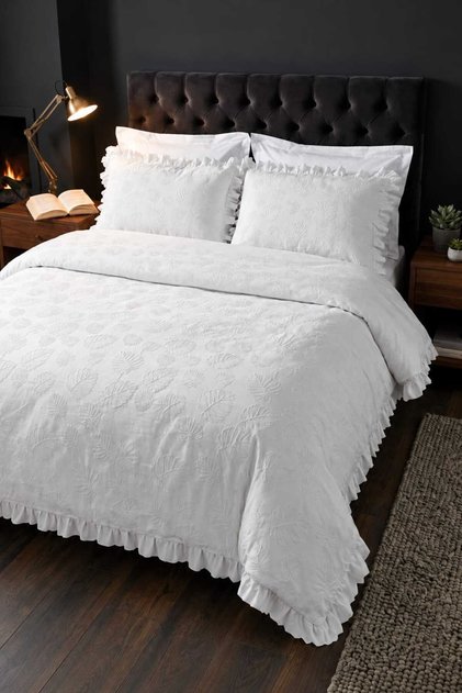 Ivory Embossed Leaf Embroidery and Ruffles 100% Cotton 6 Piece Double White Duvet Cover Set