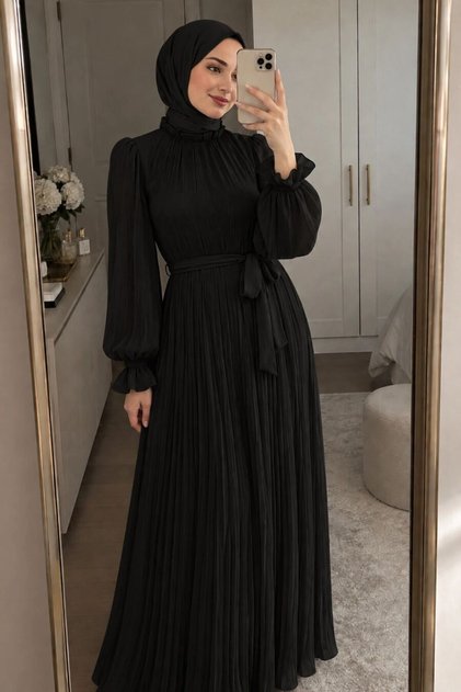 Pleated Black Hijab Evening Dress with Tie Collar 79851S