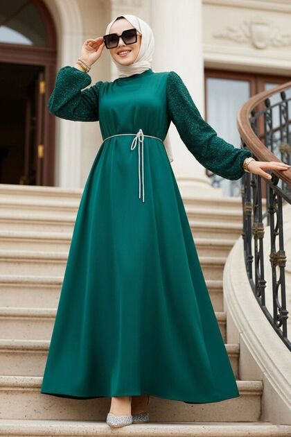 Balloon Sleeve Emerald Green Hijab Evening Dress 61671Zy