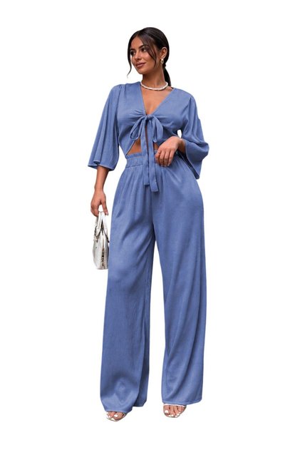 Vs-F013 Lasvos Blue Front-Tie Crop Blouse Wide-Leg Pants Two-Piece Set