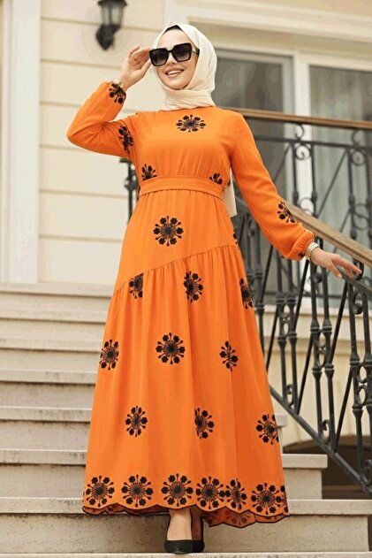 Floral Pattern Orange Hijab Dress 1332t