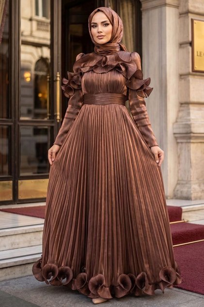 Ruffle Detailed Copper Hijab Evening Dress 56612Bkr