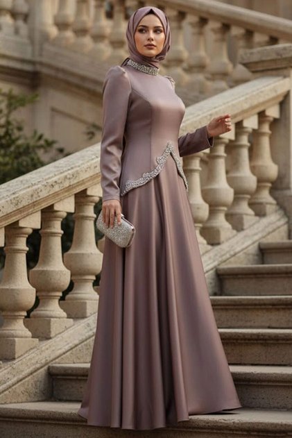 Satin Dark Taupe Modest Evening Dress 5459KV
