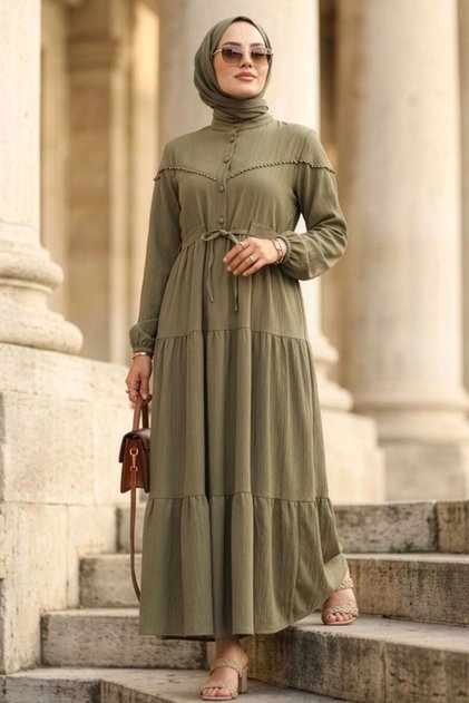 Buttoned Green Hijab Dress 10213Cy