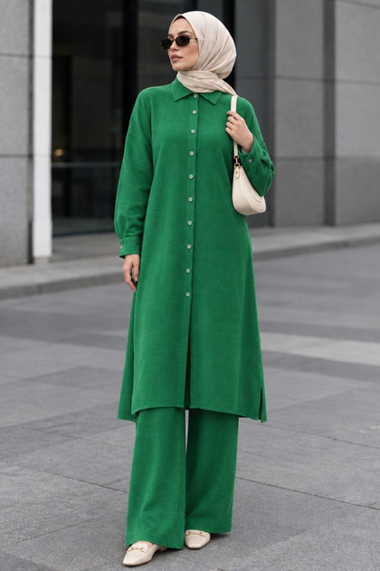 Collared Green Hijab Knitwear Double Set 34181Y