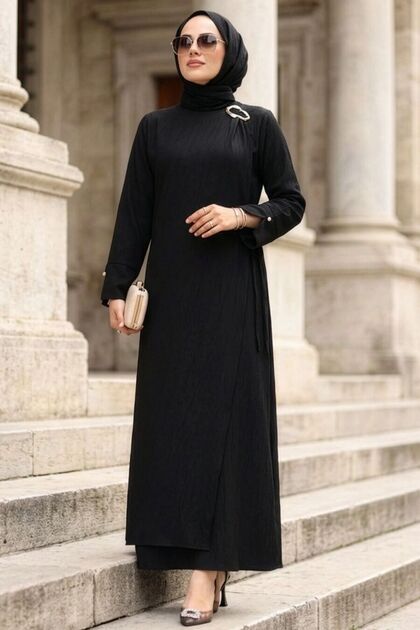 Rochie neagră cu detalii asimetrice, stil hijab 19303S