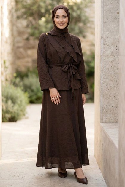 Drapeli Belted Tulle Modal Dark Brown Hijab Suit 31051Kkh