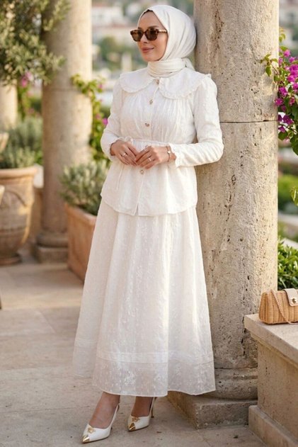 White Hijab Double Set with Skirt 20183B