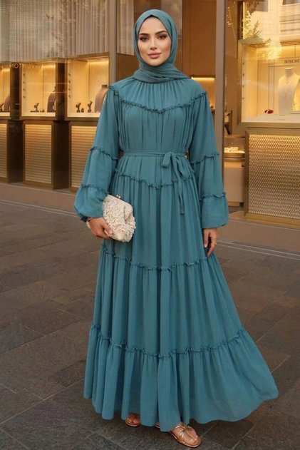 Ruffle Detailed Tie-Waist Dark Mint Hijab Dress 2479Kmint