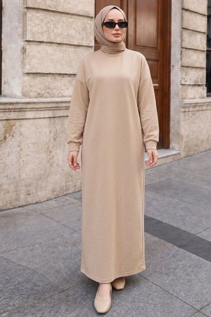فستان تيشرت بيج 23641BEJ