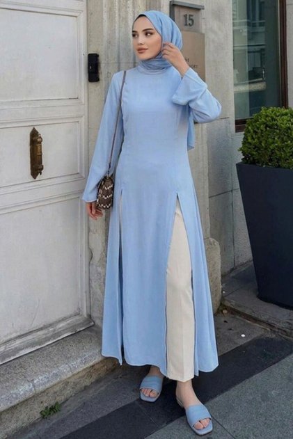 Slit Detailed Plain Blue Hijab Tunic 52370m