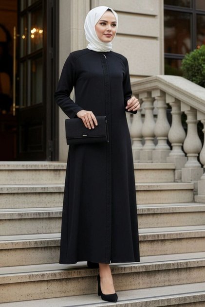 Zippered Black Hijab Robe 45312S