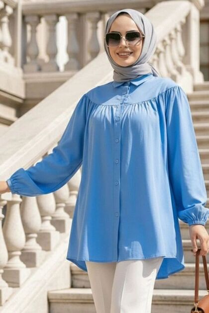 Buttoned Blue Hijab Tunic 10184m