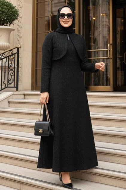 Checkered Black Tweed Hijab Dress 62512S