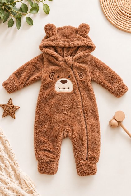 Baby Boy Jumpsuit Welsoft Sweet Teddy Bear Embroidered Plush Hooded Zippered Cuffed Winter Jumpsuit 0-12Months