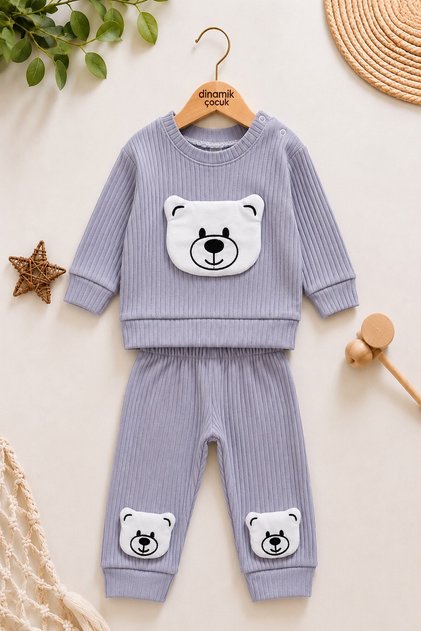Baby Boy Teddy Bear Appliqued Ribbed 2-Piece Top and Bottom Set Seasonal Tracksuit Set 6-12-18 Months