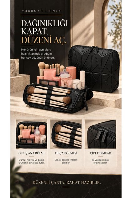 Premium Leather Diamond Pattern Makeup Bag - Cosmetic Bag & Travel Makeup Bag