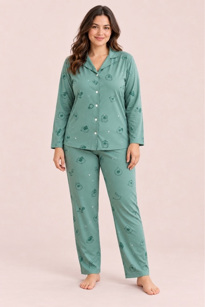 Plus Size Suede Women's Pajama Set Mint Green Patterned