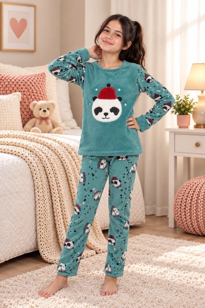 Girls' Long Sleeve Fleece Plush Fabric Winter Warm Pajama Set 8065