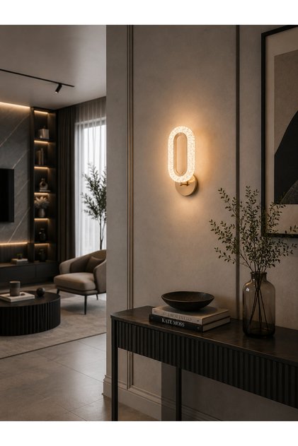 مصباح حائط LED بيضاوي كريستالي ذهبي عصري 7 واط - إضاءة جدارية مودرن 3 مستويات إضاءة موديل 6156-W