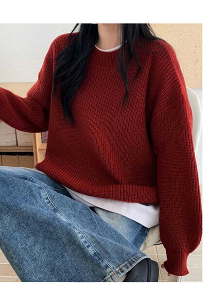 Red Crew Neck Oversize Women's Knitwear Sweater