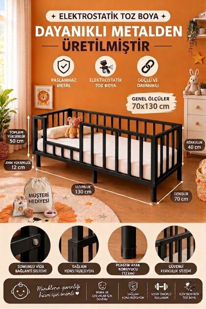 Montessori Bebek bazası ve Çocuk Karyolası 70x130 cm Demonte Siyah Renk