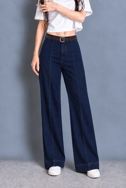 KADIN YÜKSEKBEL JEANS KEMERLİ ÖNÜ ÇIMALI GENİŞ PAÇA KOT PANTOLON