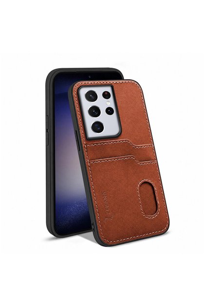Samsung Galaxy S21 Ultra Compatible Case Luxury Leather Case with Card Holder Brown