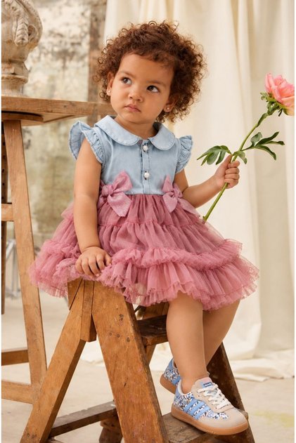 Baby Girl Denim Top Layered Tulle Glitter Bow Princess Dress Birthday Dress