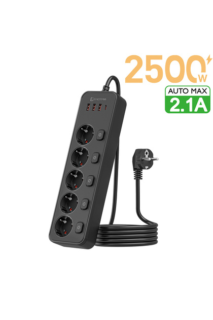 1.8m Black EU AC Plug Power Strip Outlet Independent Switch European Standard Plug 1.8m Extension Co