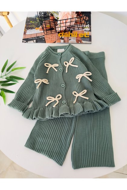 My Little One's Corded Fabric Knitwear Cardigan and Pants 2-Piece Girls' Set with Bow Detail - Green