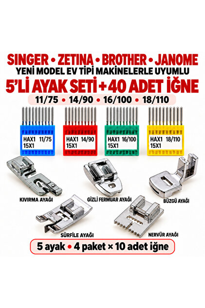 SİNGER PFAFF ZETİNA BEŞLİ AYAK SETİ VE (11-14-16-18 NUMARA ) 40 ADET İĞNE SETİ BİR ARADA