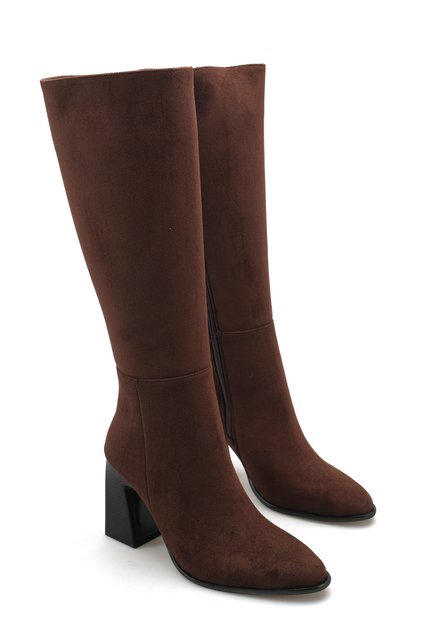 Women's Pointed Toe Side Zipper Heeled Casual Boots Iroles Brown Suede